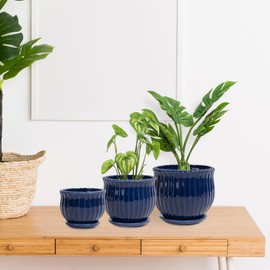 Nattol Ceramic Flower Pots, Ceramic Planters with Drainage Hole and Saucer, Modern Round Ceramic Succulent Plant Pots with Stripe Texture, Small to Medium Sized, Set of 3, Navy Blue