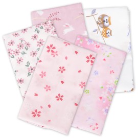 WKG Soft Gauze Tenugui, Set of 5, Made in Senshu, Japanese Pattern, Double Lined, Pink (Cherry Blossom 1, Cherry Blossom 2, Small Flowers, Japanese Rabbit (Pink), Owl (Brown))