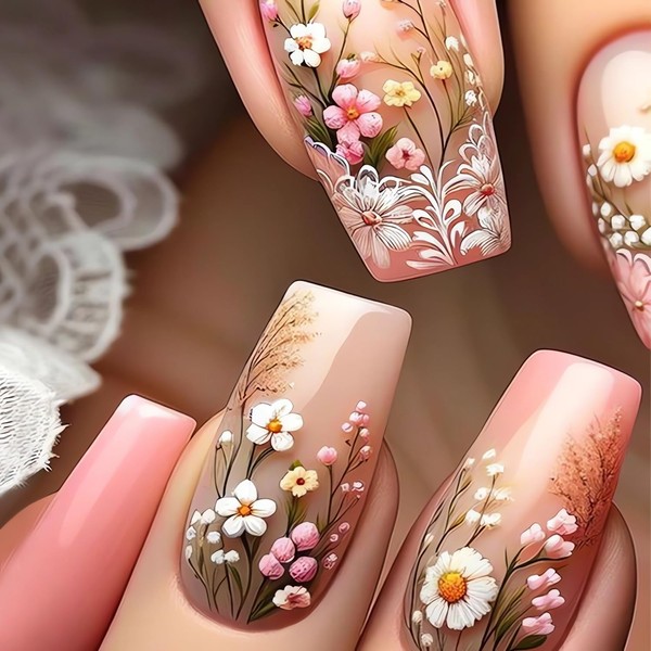 Flower Press on Nails Medium Long Coffin Fake Nails with