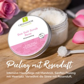 Greendoor Body peeling Sea Salt Scrub Rose, Sea-Salt peeling without Plastic & no preservatives, 280g with firming Almond oil, Body Scrub