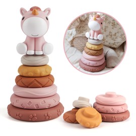 Nueplay 7 Pcs Stacking & Nesting Baby Toys, Squeeze Teething Toys and Building Circle with Pink Horse Figure, Newborn Essentials for 6 12 18 Months Toddler Girls