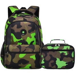 XLERHAZO School Backpack Lunch Box Set Water Repellent Casual Daypack Lightweight Bookbags for Kids (CX Camo Green Set)
