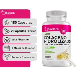 Colageno Hidrolizado + Acido Hialuronico 100% Puros (Con 180 Capsulas 500mg) - [Extremadamente Eficaz] - (Rico en Vitamina A, E, C y B6) - Elasticidad de la Piel y Articulaciones - (Para 90 Dias de Consumo) BioHerb