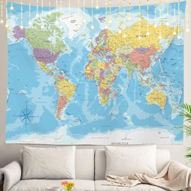 Shrahala World Map Tapestry, World Maps For Wall World Geography Classroom Décor Countries Wall Hanging Tapestry Decoration Polyester Fiber White Hem Around For Dorm Room Bedroom 51.2 X 59.1 In