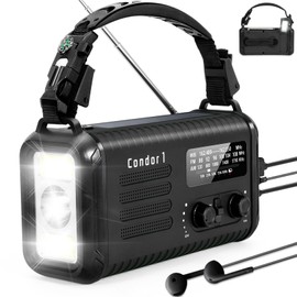 Emergency Weather Radio (Condor 1) NOAA/AM/FM with 74000mWh Portable Radio, USB-C/Solar/Hand Crank Charging, SOS Alarm, Flashlight, Reading Lamp & Survival Handle Kit for Indoor/Outdoor (Black)