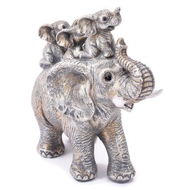 FriyGardcn Cute Silver Elephant Statue Good Luck Elephant Carries Three Calves on Its Back Figurines Décor for Shelf Good Gifts for Elephant Lovers Decoration for Living Room, Bedroom, Office…