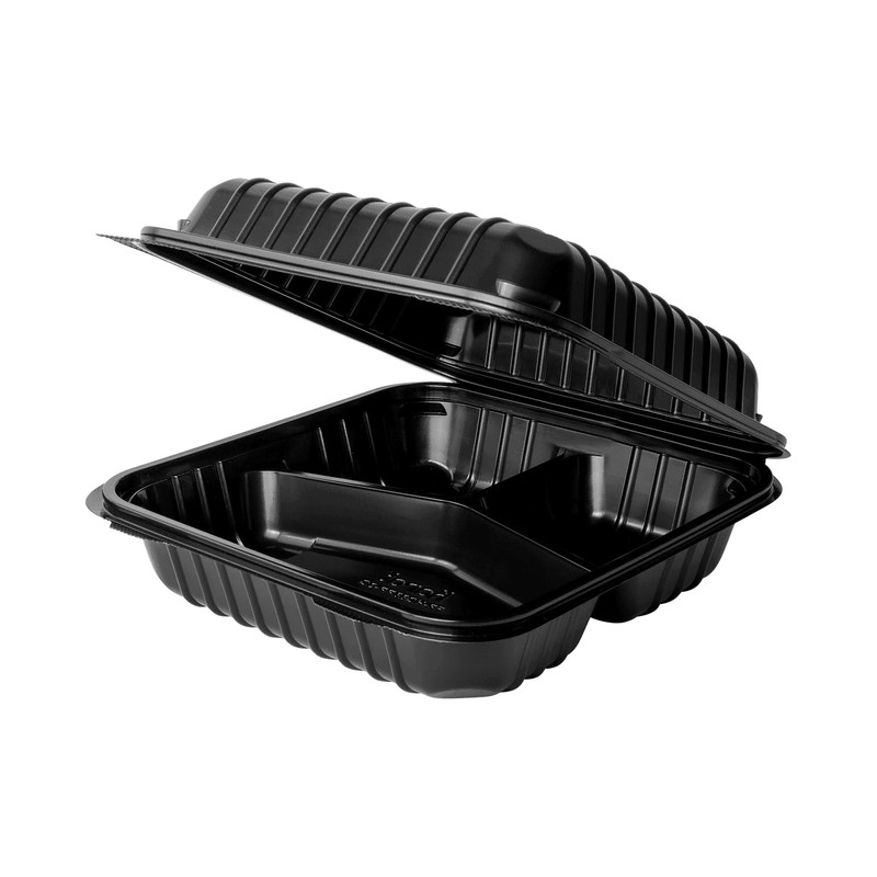 Karat 8'' x 8" Black PP Hinged Container, 3 compartment