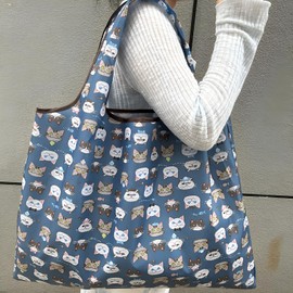Formemory Eco Bag, Shopping Bag, Eco Bag, Foldable, Convenience Store, Registry, Eco Bag, Stylish, Shopping Bag, Handbag, Shoulder Bag, Large Capacity, Durable, Storage, Compact, Washed, navy cat