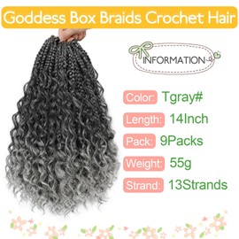 Fulcrum Goddess Box Braids Crochet Hair 14 Inch,9 Packs Boho Box Braid Crochet Hair for Women,Pre-looped Bohemian 3X Braiding Hair with Curly Ends(14Inch,Tgray#)