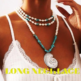 Yalice Pearl Layered Choker Necklace Boho Conch Pendant Necklace Chain Turquoise Strand Wrap Necklaces Jewelry for Women Statement (Silver)