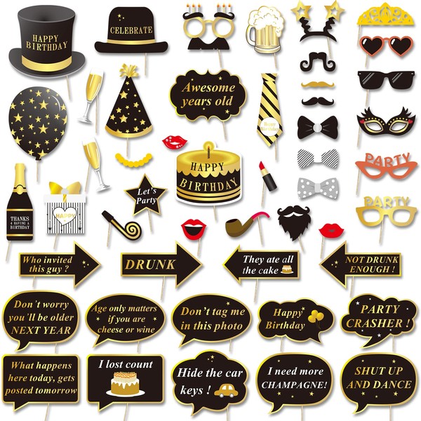 Konsait Happy Birthday Party Photo Booth Props with Stick or Her Him Funny Birthday Black and Gold Decorations, Happy Birthday Party Favors Supplies for kids Adults Men and Women(49Counts)