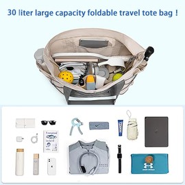 XINFULLWOL Travel Tote Bags for Women Foldable Beach Bag Waterproof Zipper Gym Sports Shopping Bag with Trolley Sleeve (Grey handheld)