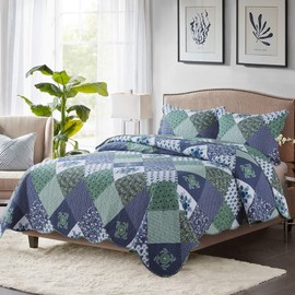 HoneiLife Quilt Set Queen Size - 3 Piece Microfiber Bedspread Reversible Coverlet Patchwork Bedding Set Lightweight Bedcover Floral Bedspreads All Season Quilts-Blue