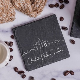 Blue Ridge Mountain Gifts - Charlotte NC Skyline Coasters, Set of 4 - Charlotte North Carolina Souvenir, Slate Coasters with Minimalist Skyline, Housewarming Gift for Friends, Family, & Neighbors