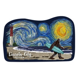 Die Cut Sticker Lincoln City, Oregon, Starry Night, Bigfoot on The Beach, Contour Vinyl Sticker 1 to 3 inches (Waterproof Decal for Cars, Water Bottles, Laptops, Coolers), Small