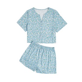 Verdusa Women's 2-Piece Button Down Short Sleeve Ditsy Floral Sleepwear Loungewear Pj Set Blue M