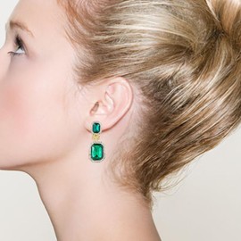 YINLI Austrian Crystal Square Shape Dangle Drop Clip on Earrings for Women(Green)