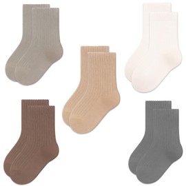 Exemaba Toddler Crew Socks 5 Pairs Cotton Solid Colours Seamless Socks for Children Boys Girls 1-12 Years, Coffee set