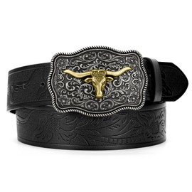 SUOSDEY Western Cowboy Leather Belts for Men Women Texas Longhorn Bull Buckle Floral Engraved Embossed Leather Belt for Jeans