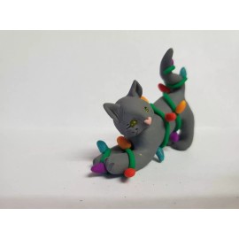 Celtic Forest Clay GRAY CAT Christmas Ornament TANGLED IN LIGHTS Stretching HAND MADE