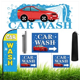 Mindsoft 5 Set Car Wash Sign Include 7 ft Feather Advertising Flag with Pole, 3 Car Wash Yard Sign with Stake, 8 x 11 ft Banner for Outdoor Business Stores Promotion Decoration