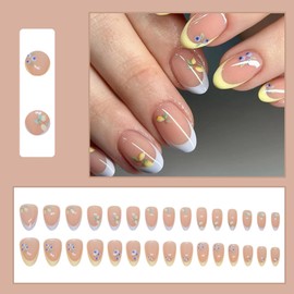 Ceboic Pack of 24 French Tip Press On Nails Short, Nude Oval Nails for Sticking, Acrylic Fingernails for Sticking with Fruit Pattern, Ballerina Artificial Nails for Women and Girls