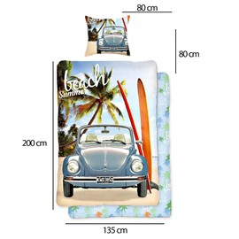 BERONAGE VW Volkswagen Beetle Bed Linen, Blue, 135 cm x 200 cm + 80 cm x 80 cm, 100% Cotton, Renforcé Linon Quality, Oldtimer, Retro, Bulli, Camper, Van, New Beetle, T1 with Zip, German Size 005