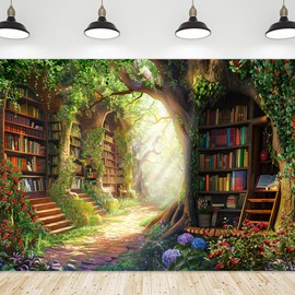 Riyidecor Fairy Library Backdrop Polyester Fabric Enchanted Woodland Bookshelf Spring Garden Book Green Tree Floral Plant Kid 7Wx5H Feet Photography Background Birthday Baby Shower Photo Studio Shoot
