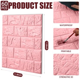 Colarr 60 Pcs 3D Wall Panels Peel and Stick Faux Foam 3D Brick Wallpaper Faux Paneling Adhesive Wall Covering Panels Medieval for Bedroom, 28.8 Sq ft Coverage(Pink)