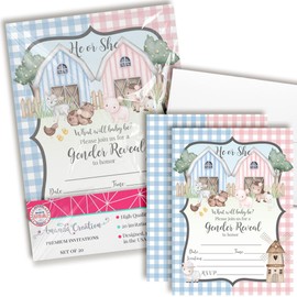 Barnyard Farm Gender Reveal Invitations - 20 Fill In 5x7 He or She Baby Shower Cards with Envelopes - Pink and Blue Gingham Animal Theme by AmandaCreation