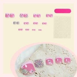 Pink Press on Toenails French Tip Fake Toenails Full Cover Rhinestones Flowers Fake Toenails Short Square Glitter Full Cover Summer False Toenails False Toe Nail Tips Stick on Toenails for Women24pcs