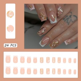 24 PCS French Flower Short Press-on False Nails Wearable Pearl Fake Nails Gifts for Women and Girls (No.31)