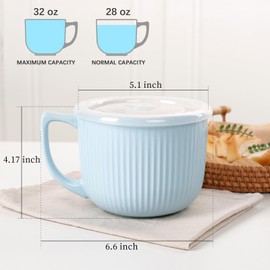 ZEBERBO Ceramic Soup Bowls with Vented Lid, 32 Ounce Soup Mug with Handle, 2packs 5 inch Jumbo Soup Cups, Wide Large Cereal Bowl for Oatmeal, Gumbo Salad, Microwave Oven Safe (GlossBlue)