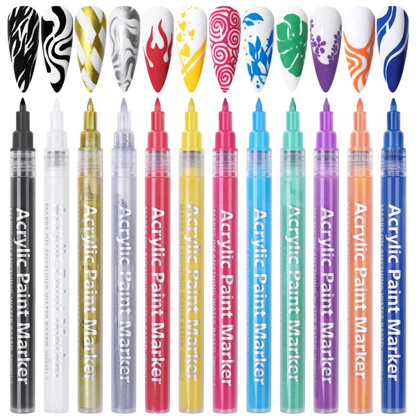 Nail Art Pens Set, 12 Colors Acrylic Paint Pens Fine