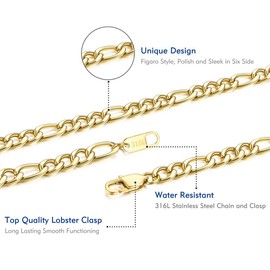 MOWOM Gold Color Cuban Link Chain Necklace Water Resistant Mens Stainless Steel Necklace For Women Boys Thin Figaro Necklace Chain With Gift Bag (6.0MM Wide, 20 Inches Long)