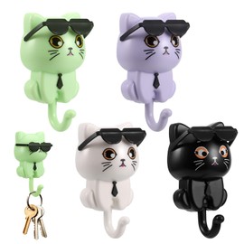MICHIHOMIE 4 Stück Schlüsselhaken Selbstklebend, Katzen Sonnenbrille Kleiderhaken Kinder, Cartoon Schlüsselhalter, Kreative Wandhaken Katze für Garderobe, Wand Dekoration