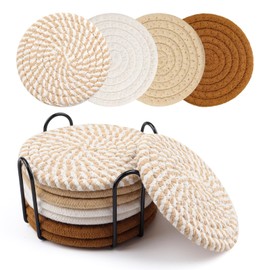 La Desire Drink Coasters with Holder, Cotton Woven Coasters Set of 8, 4 Colors Absorbent Coasters for Table Protection, Home Decor, Decoration for Coffee Table, Cups, Bar (Apricot Striped)