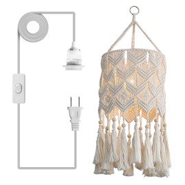 Bioaqua Boho Hanging Lamp Shade,Macrame Pendant Light Shade,Handmade Boho Light fixtures Hanging Lights with Plug in Cord,Boho Lamps for Home livingroom Bedroom Kitchen (Lightbulb Not Included)