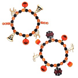 NVENF 2PCS Halloween Bracelets for Women Pumpkin BOO Ghost Charm Bracelets Black Bead Stretch Bracelet Set Costume Party Gifts (Style E)