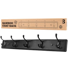 Badiano Wooden Coat Rack, Wall-Mounted Organizer for Closet, Entryway, Hallway, Foyer, Bedroom, Heavy Duty Double Hooks for Hanging Towels, Bags, Hats, Jackets, Key (Black, 5 Hooks)