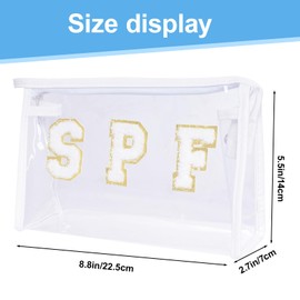 Hmxpls Clear Preppy Patch Makeup Bag, SPF Chenille Letter Bag for Beach, Clear Pouch with Zipper, Preppy Travel Bags Cosmetic Toiletry Bag for Women Girls Teens (White)