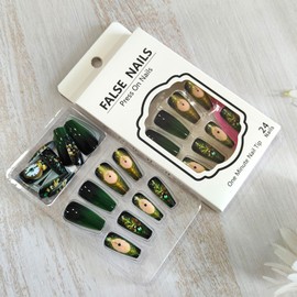 Dark Green Press on Nails Medium Coffin Fake Nails with Black Clock Designs Acrylic False Nails Artificial Glue on Nails Glossy Stick on Nails Retro Nail Tips for Coquette Women Girls 24Pcs
