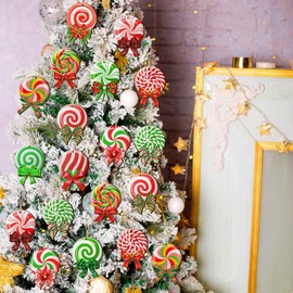 Yulejo 36 Pieces Peppermint Christmas Tree Ornaments Colorful Peppermint Wood Ornaments Lollipop Candy Christmas Ornaments Green,Red