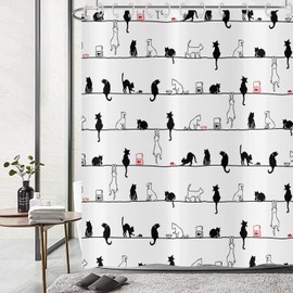 Hnmdmyi Funny Cat Shower Curtain, 180 x 180 cm, Black and White Bath Curtain, Abstract Kitty Silhouette, Black Cat, Pet, Cute Children, Waterproof, Polyester Fabric, Washable Bath Curtain