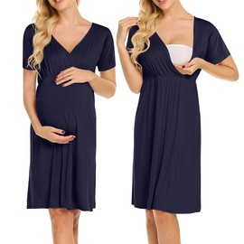 Weardear Nursing Nightdress Women's Short Sleeve V Neck Maternity Sleepwear with Breastfeeding Function Maternity Nightdress, blue