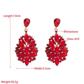 Big Rhinestone Dangle Drop Earrings for Women Girls Shiny Long Crystal Cluster Chandelier Teardrop Statement Earring Elegant Dress Accessories Retro Art Deco Wedding Cocktail Party Jewelry (Red)