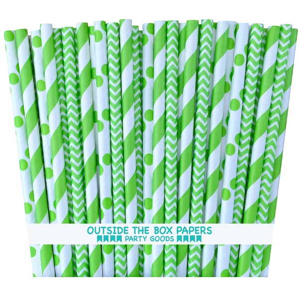 Outside the Box Papers Lime Green Stripe, Chevron and Polka Dot Paper Straws 7.75 Inches 75 Pack Lime Green, White