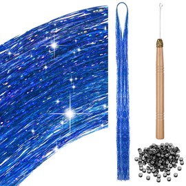 200 Strands Hair Tinsel Kit with Tool Tinsel Hair Extension Glitter Hairpiece for Braiding Hair Tinsel Strands Set for Women Girls Children Cosplay Party Accessories (Dark Blue)