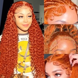 PREMAY 30 Inch Ginger Orange Lace Front Wigs Human Hair Pre Plucked 13x4 Lace Ginger Frontal Wig Human Hair 180% Density Deep Wave Lace Front Wigs Human Hair 350# Colored Glueless Wigs Human Hair