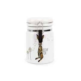 Purely Home Hares & Dandelions Decaf Tea Ceramic Storage Canister - Rhiannon Chauncey Art - Ceramic Kitchen Food Storage Container with Clip Lid 400ml (13.5cm x 8.5cm)